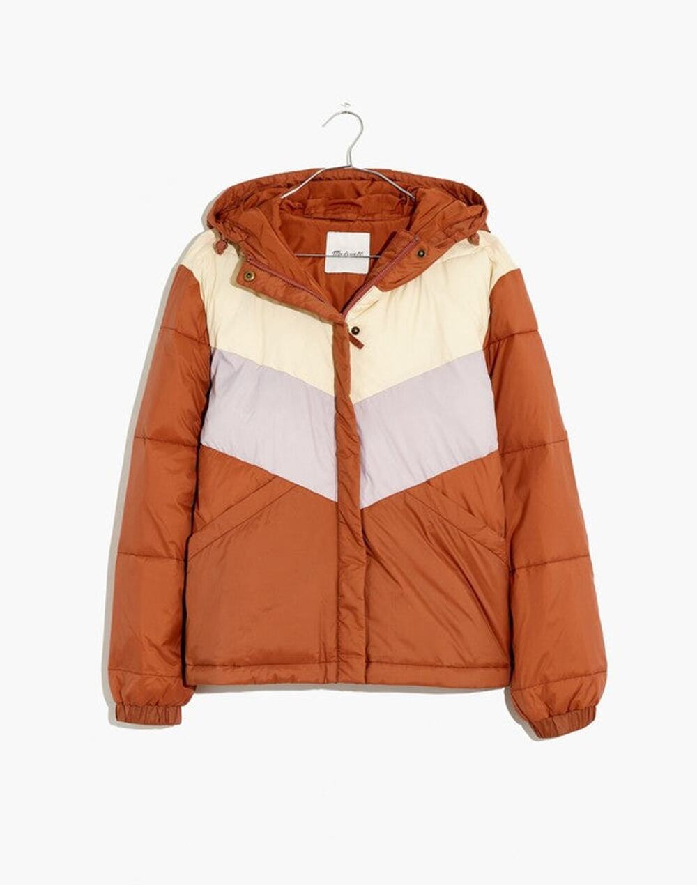 Madewell Chevron Packable Puffer Jacket In Colorblock Warm Umber - XS